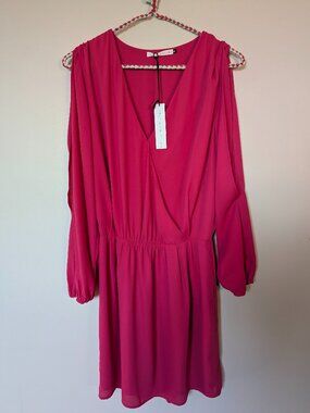 Three Eighty Two Size XS Surplice Split-sleeve Chiffon dress Fuchsia Pink